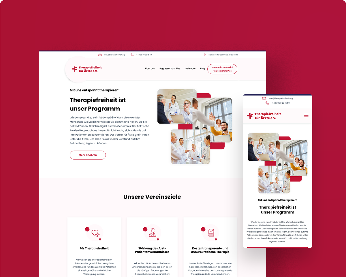 Das Bild zeigt die Webseite des "Therapiefreiheit für Ärzte e.V." als Desktopansicht und Mobilansicht auf einem roten Hintergrund.