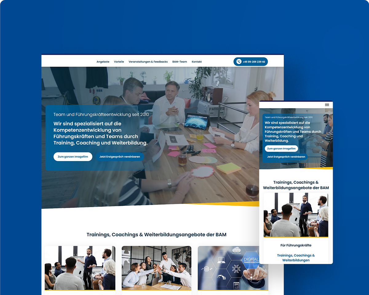 Das Bild zeigt die Webseite der Business-Akademie München als Desktopansicht und Mobilansicht auf einem blauen Hintergrund.