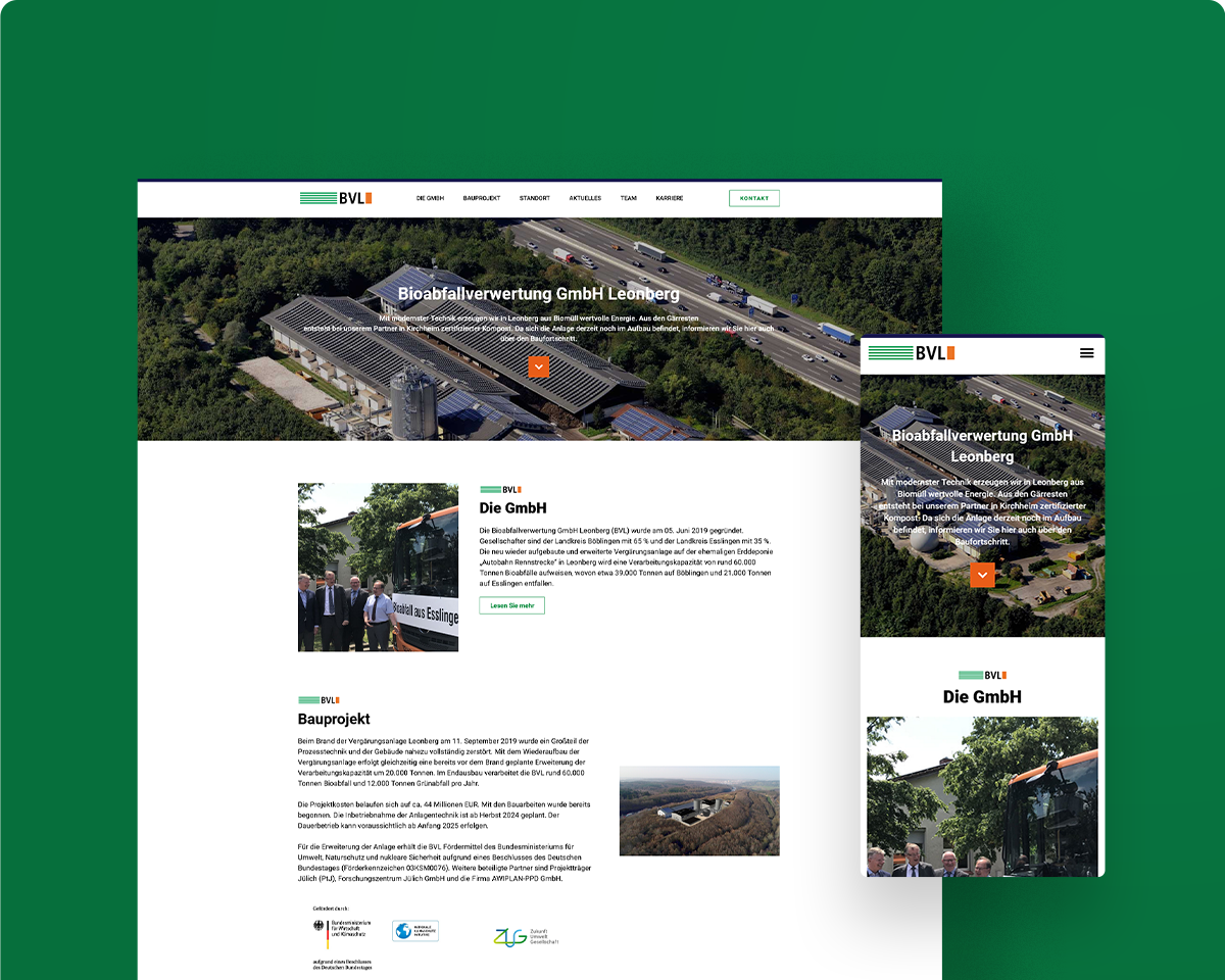 Das Bild zeigt die Webseite der Bioabfallverwertung GmbH als Desktopansicht und Mobilansicht auf einem grünen Hintergrund.