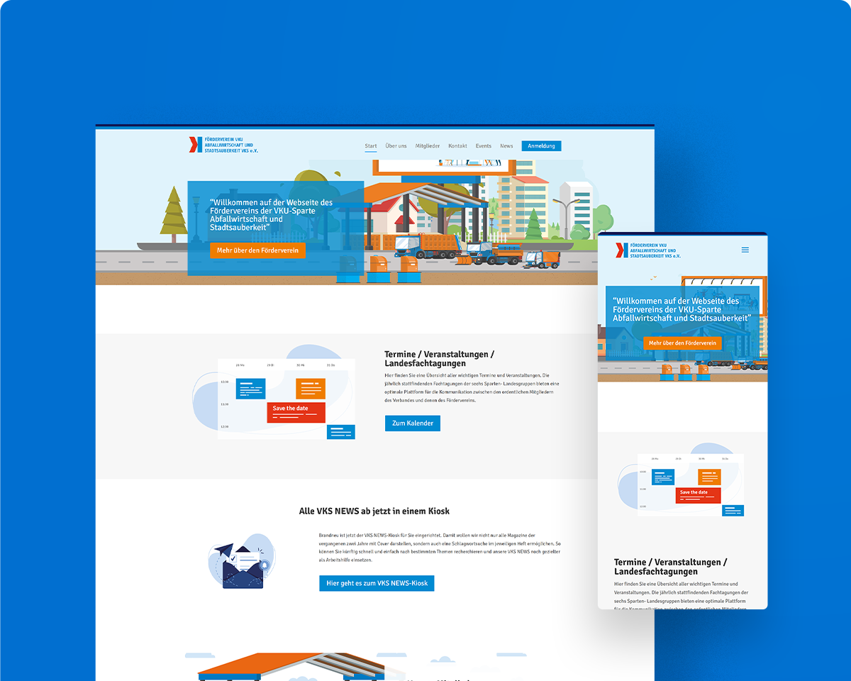 Das Bild zeigt die Webseite des Fördervereins VKU als Desktopansicht und Mobilansicht auf einem blauen Hintergrund.