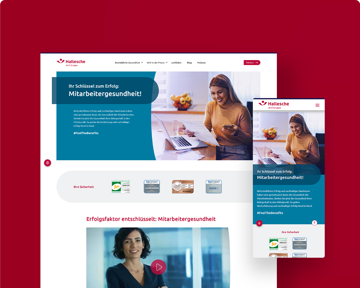 Das Bild zeigt die Webseite von Gesundheitsbenefits Hallesche als Desktopansicht und Mobilansicht auf einem roten Hintergrund.