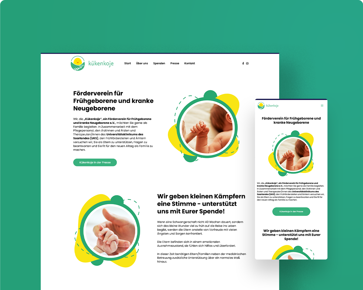 Das Bild zeigt die Webseite von Kükenkoje als Desktopansicht und Mobilansicht auf einem grünen Hintergrund.