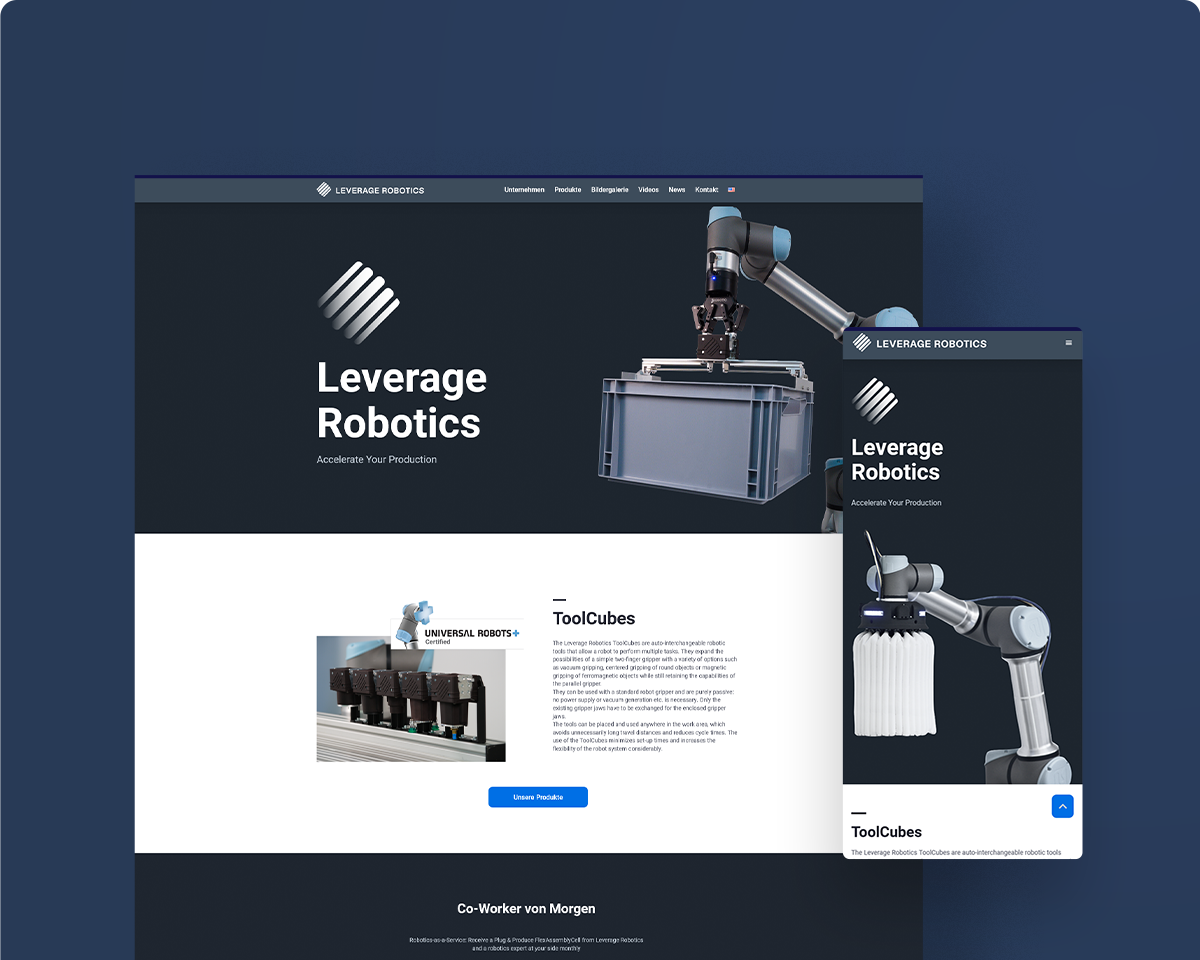 Das Bild zeigt die Webseite von Leverage Robotics als Desktopansicht und Mobilansicht auf einem dunkelblauen Hintergrund.