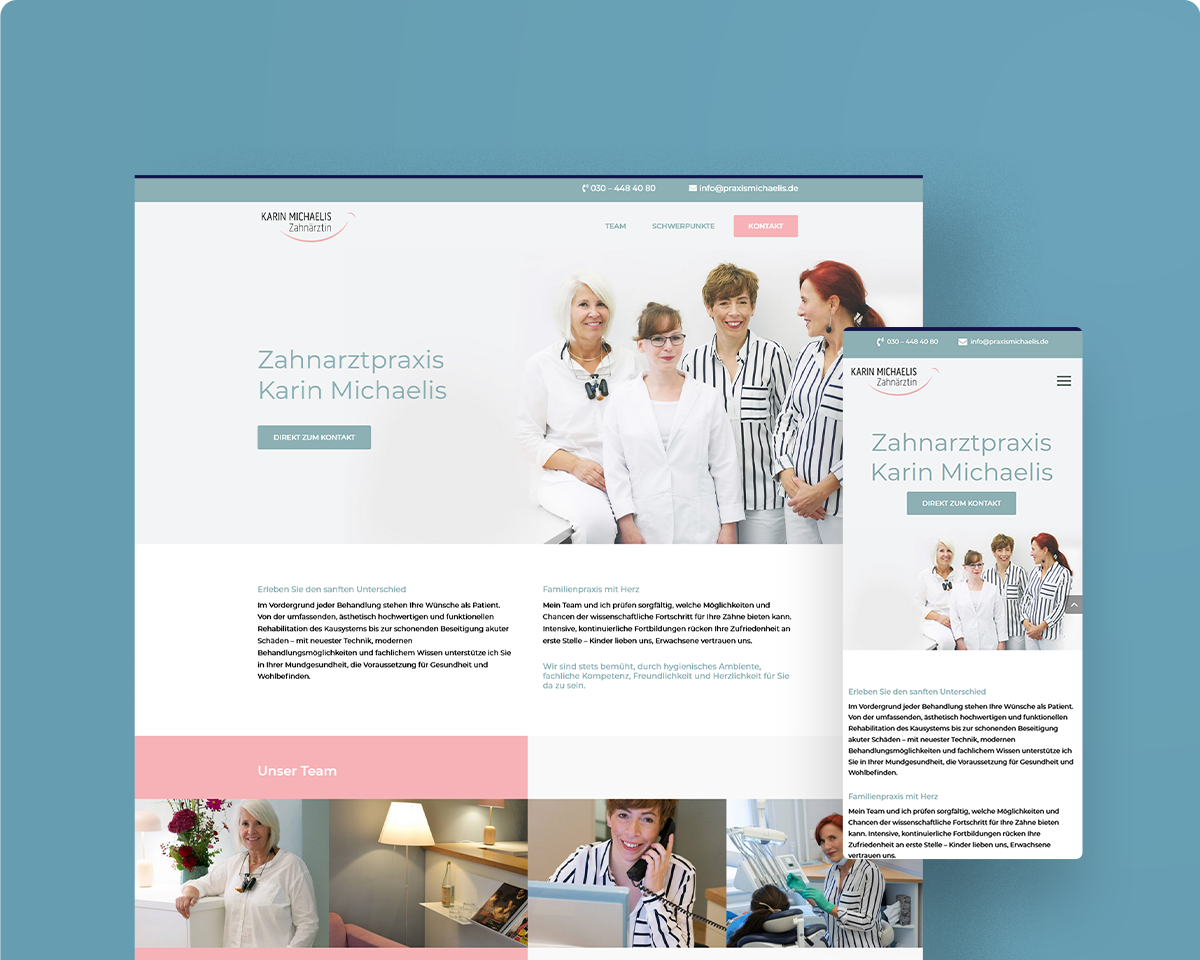 Das Bild zeigt die Webseite der Zahnarztpraxis Karin Michaelis als Desktopansicht und Mobilansicht auf einem blauen Hintergrund.