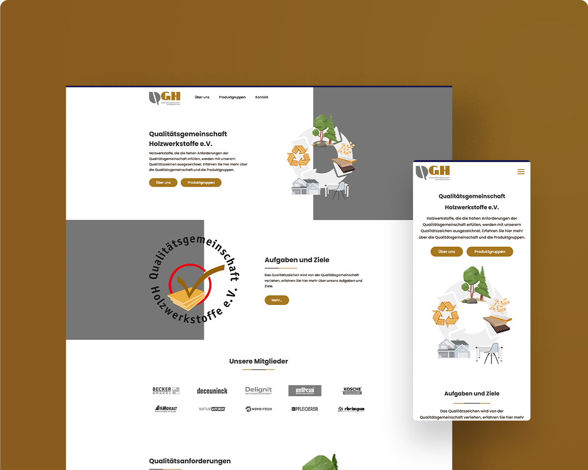 Das Bild zeigt die Webseite der Qualitätsgemeinschaft Holzwerkstoffe als Desktopansicht und Mobilansicht auf einem braunen Hintergrund.