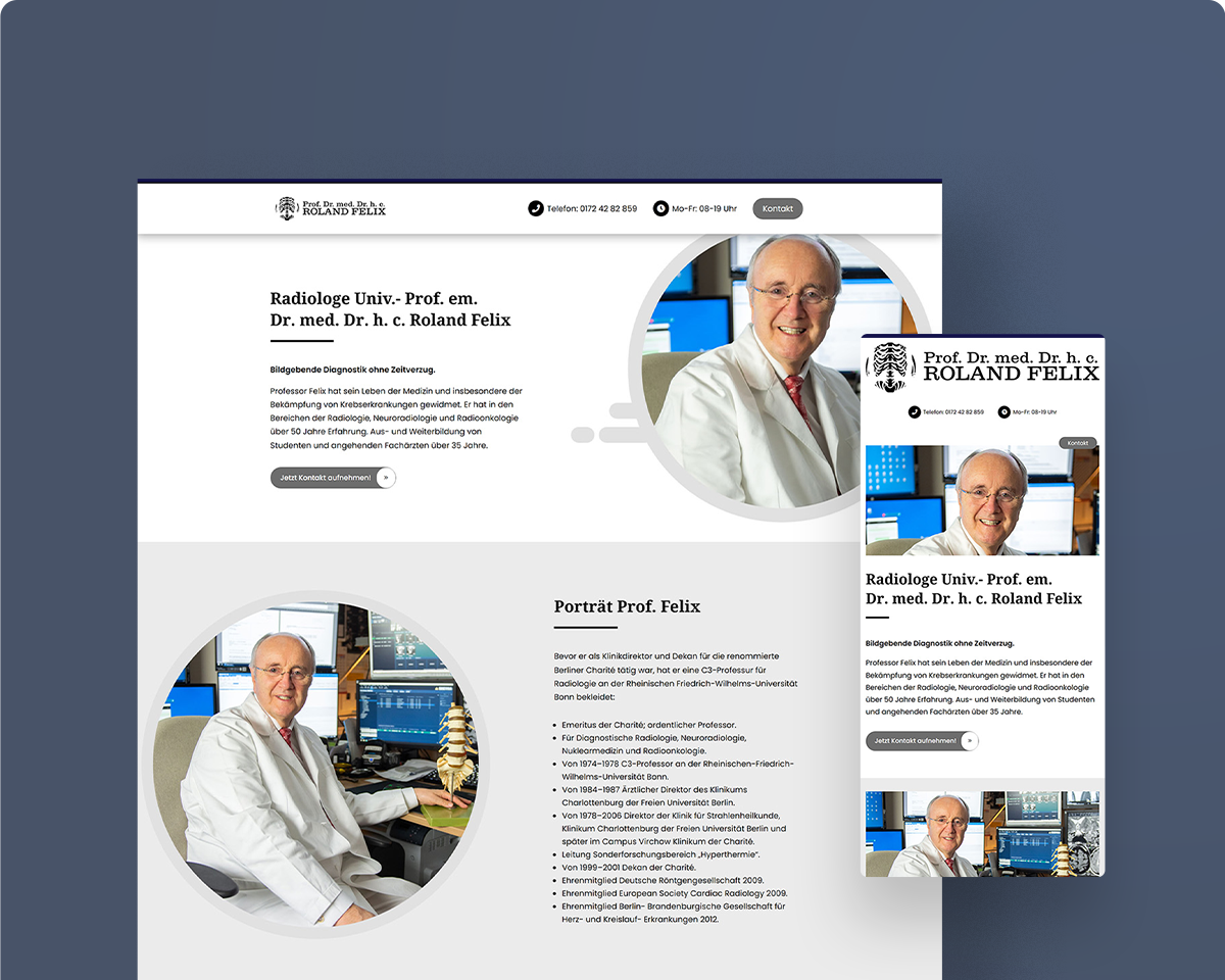 Das Bild zeigt die Webseite der Radiologie Roland Felix als Desktopansicht und Mobilansicht auf einem grauen Hintergrund.