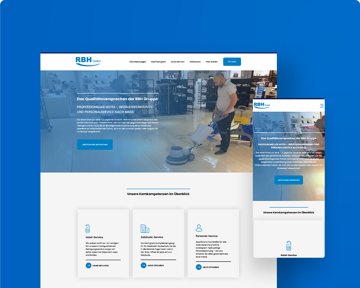 Das Bild zeigt die Webseite der RBH GmbH als Desktopansicht und Mobilansicht auf einem blauen Hintergrund.