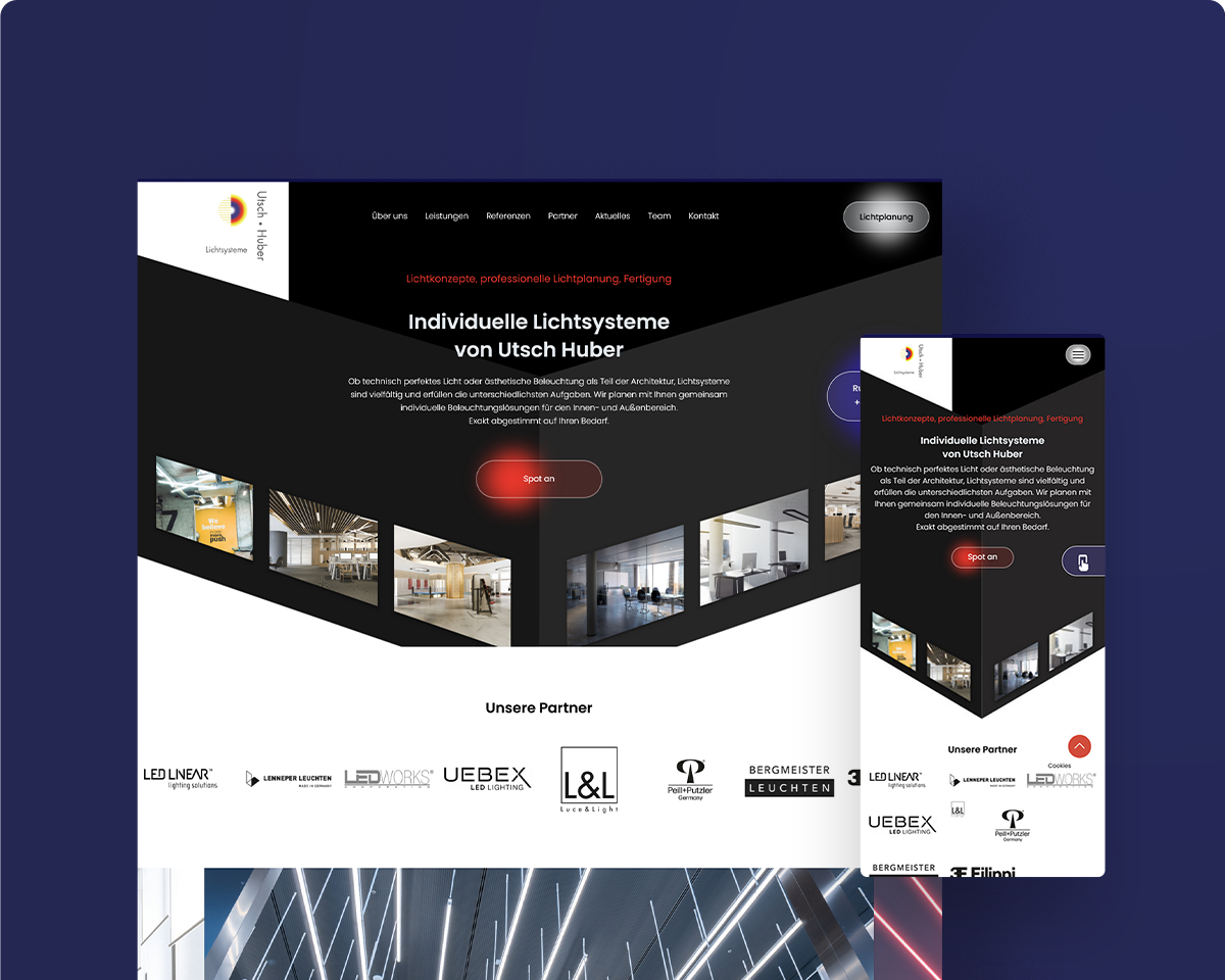 Das Bild zeigt die Webseite von Utsch Huber Lichtsysteme als Desktopansicht und Mobilansicht auf einem dunkelblauen Hintergrund.