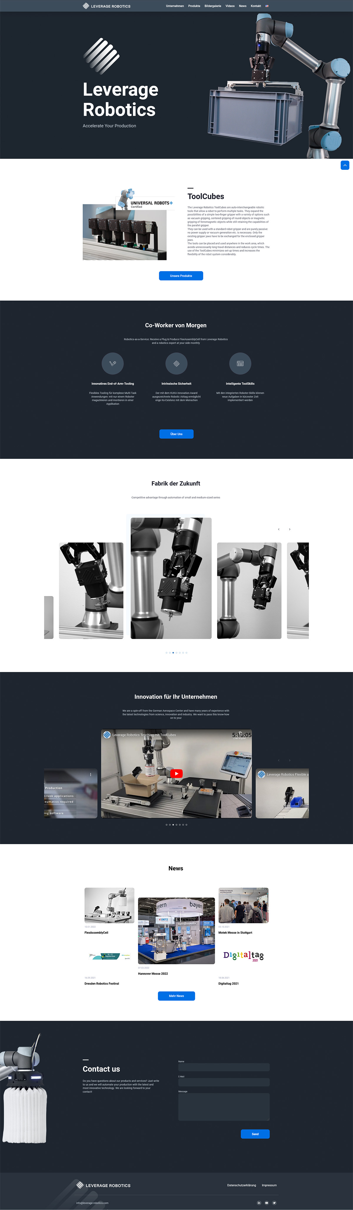 Das Bild zeigt die Webseite von Leverage Robotics als Desktopansicht.