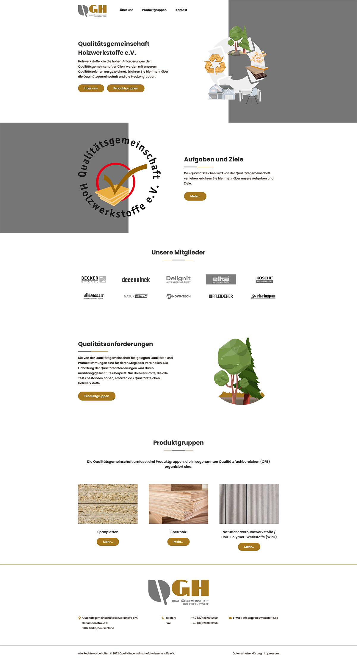 Das Bild zeigt die Webseite der Qualitätsgemeinschaft Holzwerkstoffe als Desktopansicht.