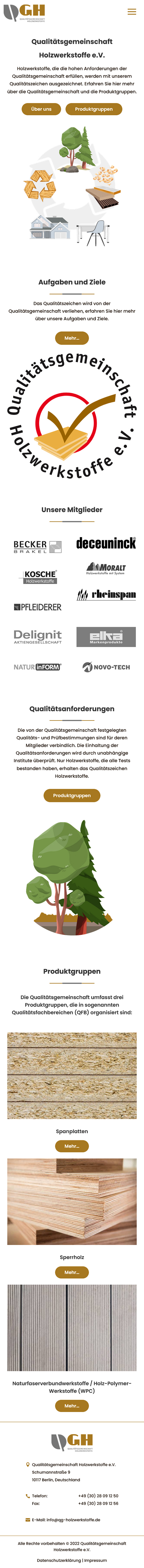 Das Bild zeigt die Webseite der Qualitätsgemeinschaft Holzwerkstoffe als Mobilansicht.