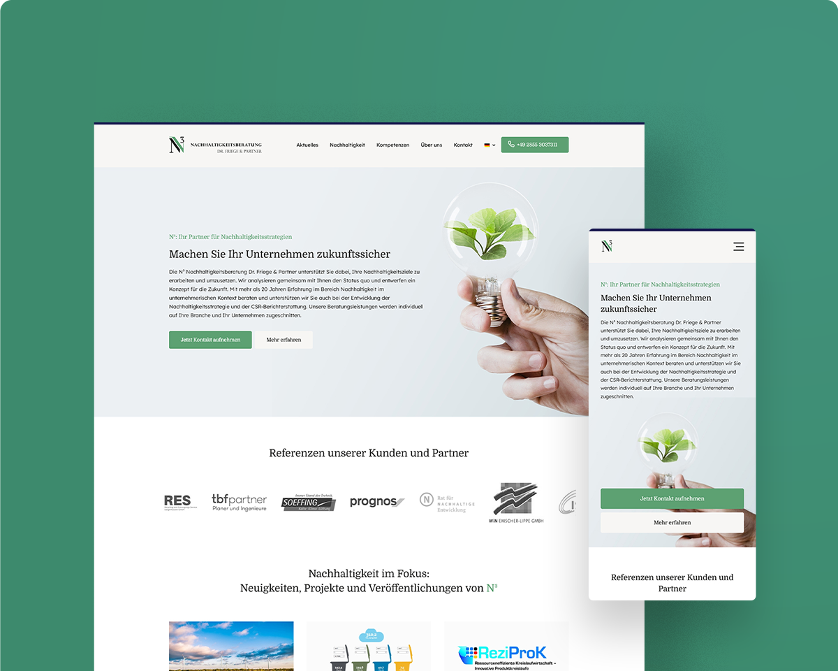 Das Bild zeigt die Webseite der N3 Nachhaltigkeitsberatung als Desktopansicht und Mobilansicht auf einem grünen Hintergrund.