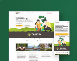 Das Bild zeigt die Webseite der Daniel Schlegel Umweltstiftung als Desktopansicht und Mobilansicht auf einem dunkelgrünen Hintergrund.