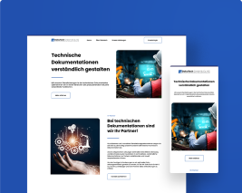 Das Bild zeigt die Webseite der MK-DokuTech GmbH & Co. KG als Desktopansicht und Mobilansicht auf einem blauen Hintergrund.
