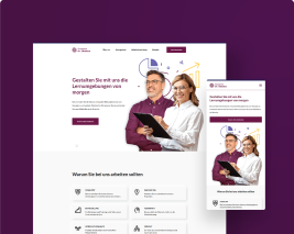 Das Bild zeigt das Karriereportal der Akademie Dr. Obladen als Desktopansicht und Mobilansicht auf einem lila Hintergrund.
