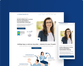 Das Bild zeigt die Webseite von MVZ Kompass Psychotherapie als Desktopansicht und Mobilansicht auf einem blauen Hintergrund.