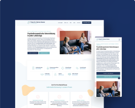 Das Bild zeigt die Webseite der Praxis Adlershof als Desktopansicht und Mobilansicht auf einem blauen Hintergrund.